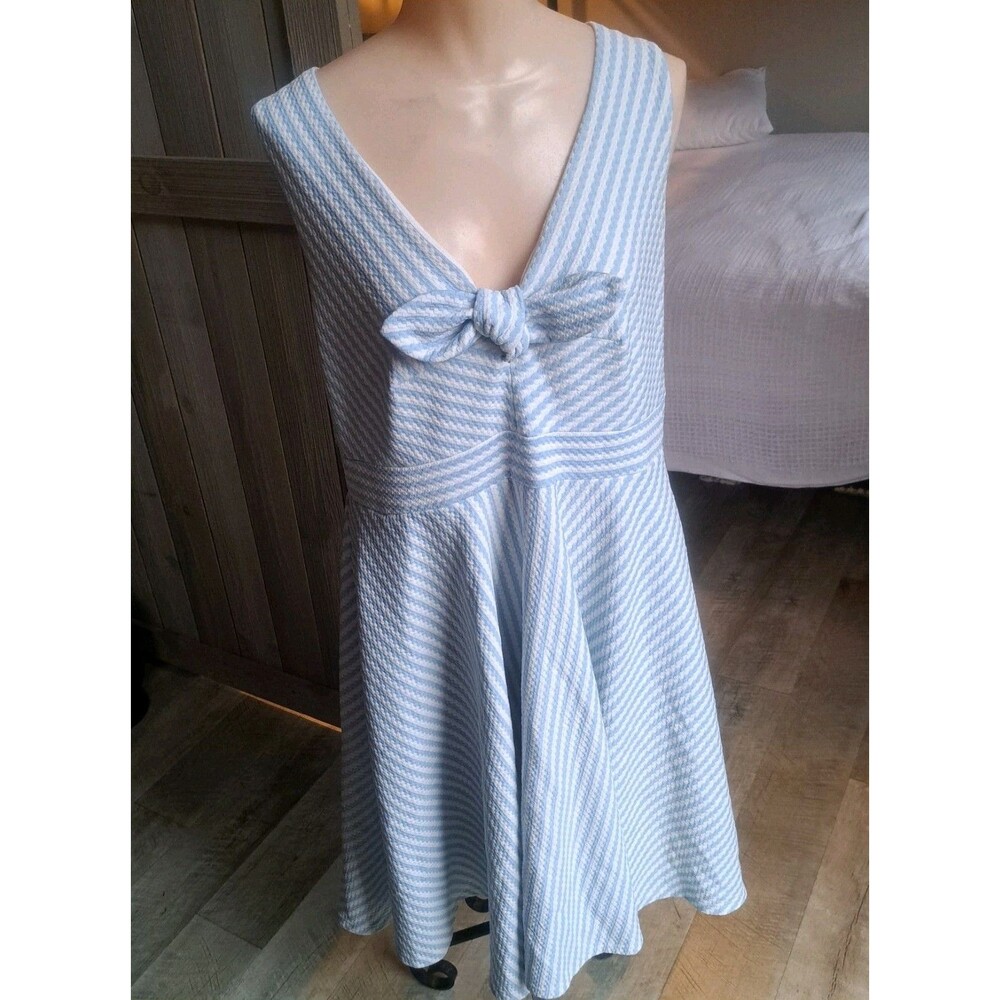 Hutch Anthropologie XL Blue White Striped Bow Dress Flare Party Sleeveless